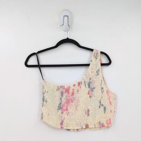 S/W/F SWF Women L Asymmetrical Crop Top Yellow Tie Dye Smocked One Shoulder NEW - Picture 1 of 4